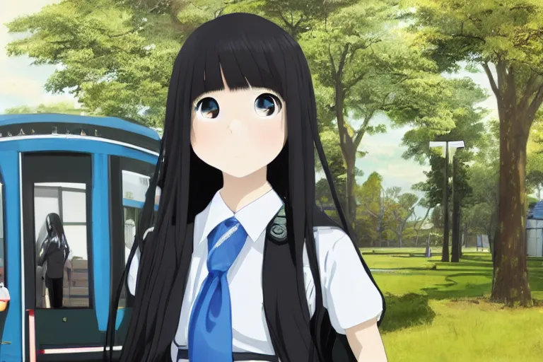 Prompt: japanese style, a 1 5 - year - old girl with long black hair, wearing a black uniform and sky blue short skirt, blue pupils, blue tie, carrying a black backpack, at the tram station, thin face, high light eyes, face, surrealism, movie level realism, virtual engine 5, fine texture, real light and dark composition, mixer rendering