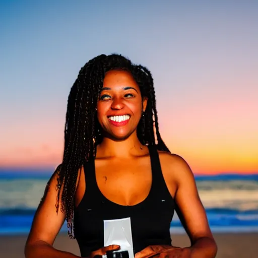 Prompt: a lightskin black woman photographer, taking photos at the beach, during sunset, with a bottle of liquor in her left hand, as a painting