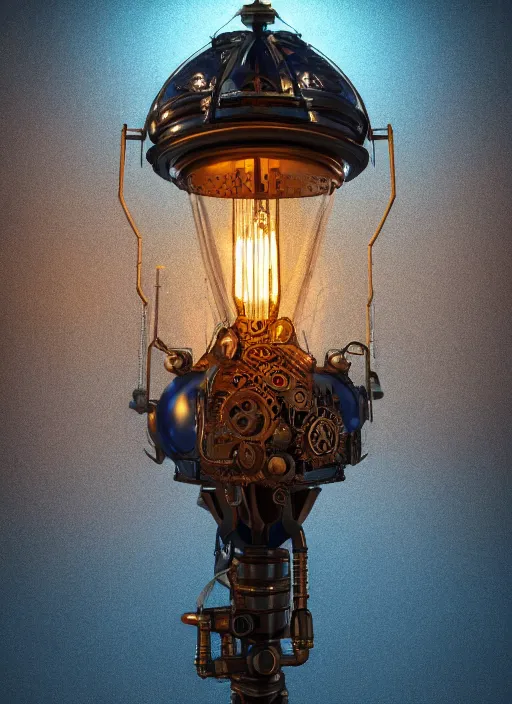 Image similar to steampunk lavalamp, intricate detail, volumetric lighting, epic composition, hyper detailed, ultra realistic, sharp focus, octane render, blue moon, volumetric, ray tracing, artstation trending, cgsociety, sense of awe, swirling mist, 4 k