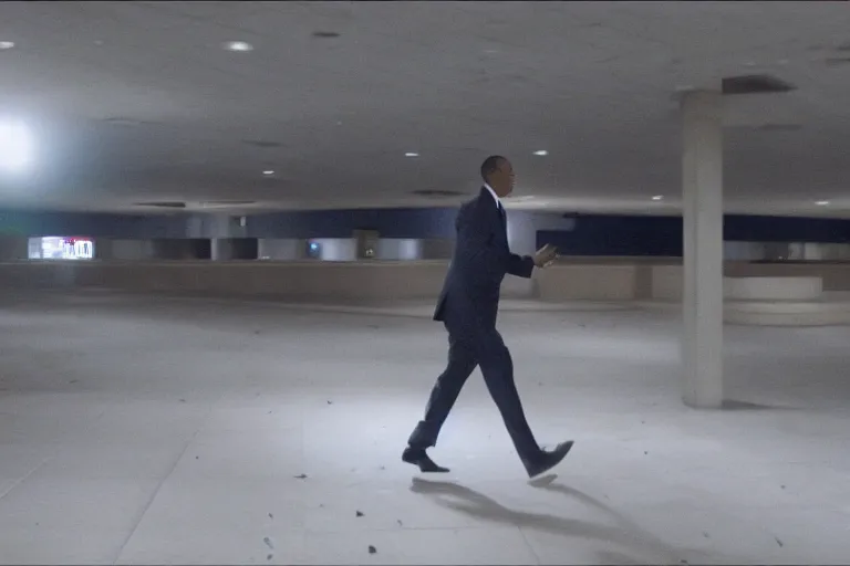 Prompt: CCTV Footage obama chasing a guy on a abandoned mall, mid night, no lights, cinematic lighting