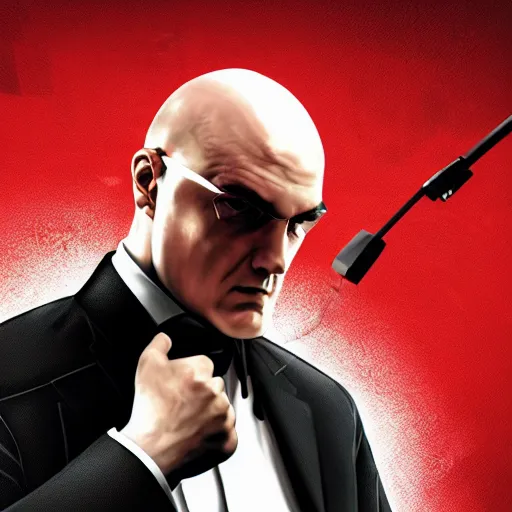 Prompt: agent 4 7 from hitman wearing headphones and listening to music in front of large stereo speakers surrounded by cables, black background, red rim light, highly detailed, smooth, sharp focus, art by ali kiani amin