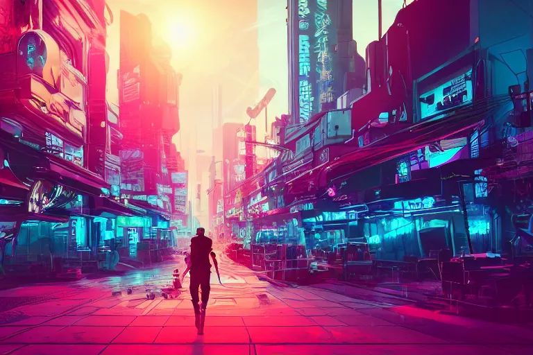 Image similar to a dreamlike cyberpunk city sit in the very far future, neon signs, shops and bars, floating buildings, glowing neons, synthwave, slightly abstract, rich deep colors, 4 k, realistic photography, flying cars in the distance, robot humanoids, anthropomorphic vehicles, fantasy setting, brilliant dreamy lighting, 8 0 s vibe, morning, blue sun