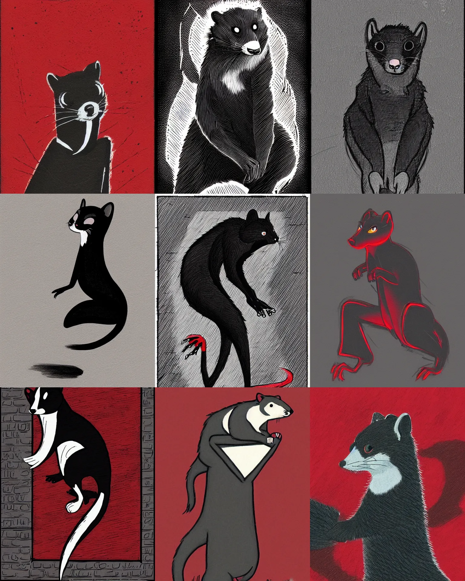 Prompt: red - and - black weasel / stoat fursona ( furry fandom ), neo - noir setting, detective fiction art tone, small brush strokes, black pen outlines and detailing