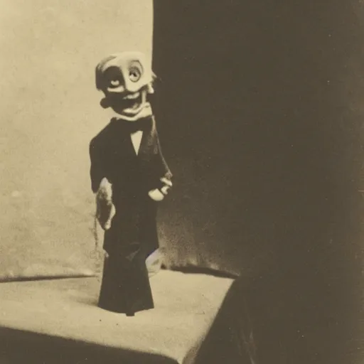 Prompt: ventriloquist figure laying on a stage, smiling, photograph, style of atget, unsettling, spooky, moody