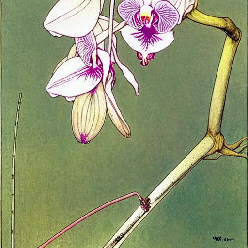 Prompt: orchid mantis by William Morris and Carlos Schwabe