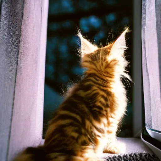 Prompt: medium - shot view from the back of a backlit maine coon kitten gazing out a sunny window on a warm day and watching the flowers. 3 5 mm, f / 1 1. 0, is 1 0 0