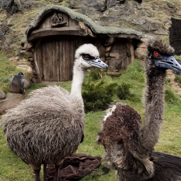 Image similar to an emu in the middle of a crowded hobbit tavern