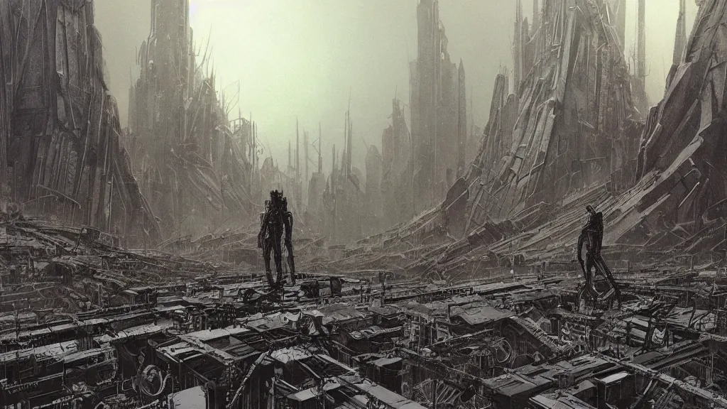 Image similar to group of survivors, megastructures, remnants of the human civilization, post - apocalyspe, machines, bleak, eerie atmospheric, a color illustration by tsutomu nihei, gerald brom and vincent di fate, epic cinematic matte painting