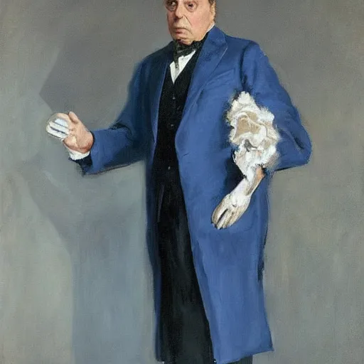 Prompt: “portrait of Barry humphries’ character sir les Patterson, in stained powder blue site and wide silk tie, by John singer Sargent”