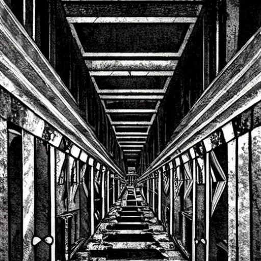 Image similar to a terrifying dark hallway with many doors and many stairs, impending doom, horror, Mc Escher architecture, epic composition, anime key visual