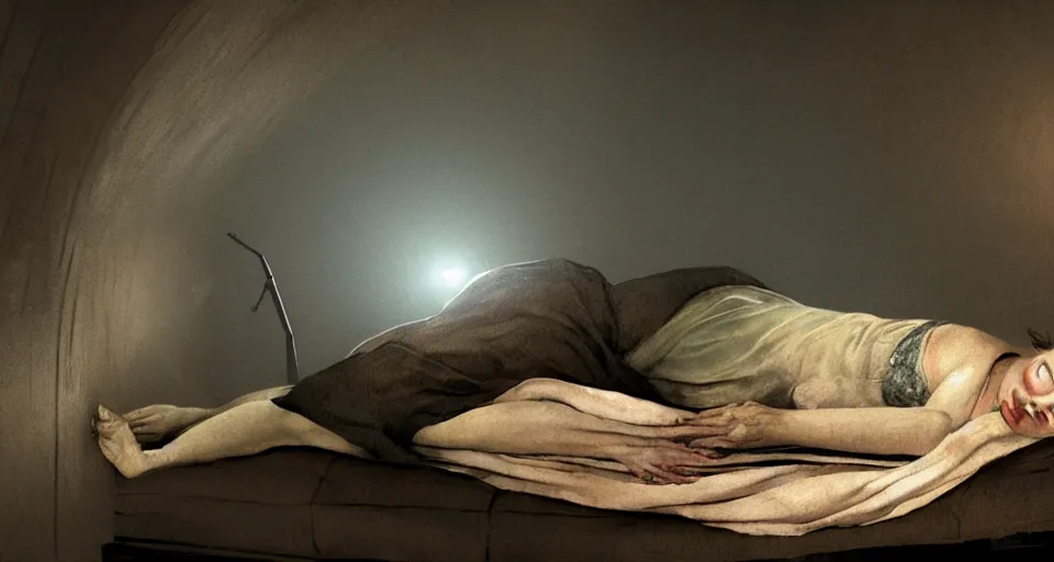 Image similar to a woman sleeping in a hibernation pod by norman rockwell, side view, in the style of blade runner, high tech, photoreal, dramatic lighting, unreal engine 5, octane rendering, ray tracing