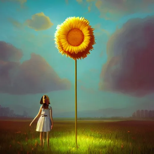 Image similar to giant daisy flower head, frontal, girl in a suit, surreal photography, sunrise, dramatic light, impressionist painting, digital painting, artstation, simon stalenhag