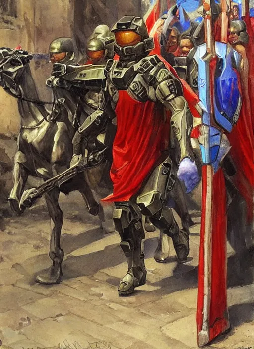 Image similar to halo master chief in a medieval royal procession by alexander averin