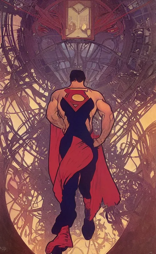 Prompt: a wide angle shot from below!!!, of a male superman with a handsome bodybuilder body walking with the swagger towards camera on mars in a infinite universe, synthwave digital art by alphonse mucha and greg rutkowski