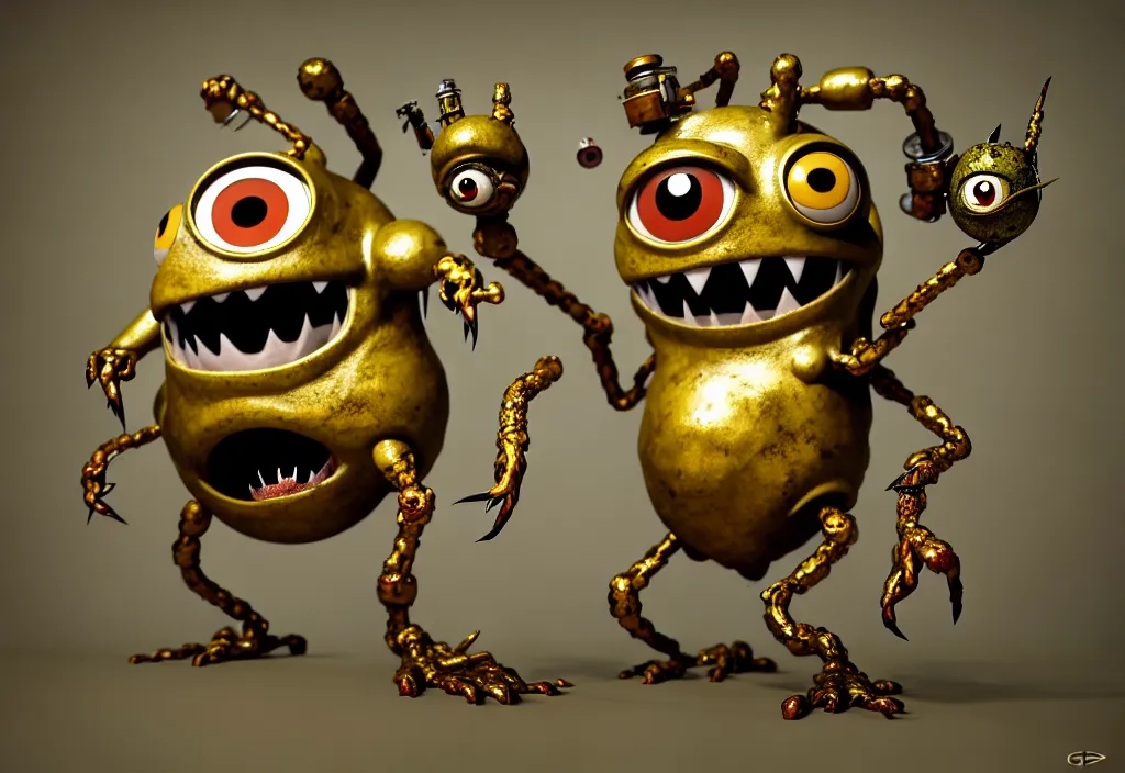 Image similar to , grotesque despair cute monster smooth paneling, one large gold eye intricate detail, style of pokemon, with damaged rusty arms, broken antenna, recycled, floating, white studio, oil, mechanical, toy, ambient light, in the style of pixar animation, pokedstudios, blender, octane render, 8 k, gediminas pranckevicius