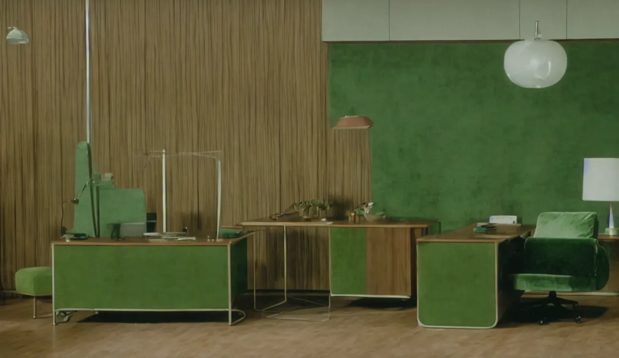 Image similar to a still of severance series indoor 7 0 s green velvet and wood with metal furniture office scenario appearing in a film of jacques tati