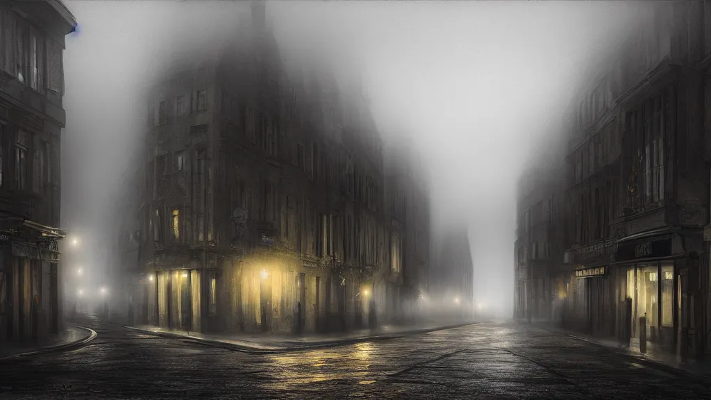 Prompt: the old town with houses in the windows of which the light is on. early morning, fog on ground, wet street. mike barr painting. volumetric light, dull colors, dark, noir arthouse, 3 5 mm, hight detalied, hd, 4 k