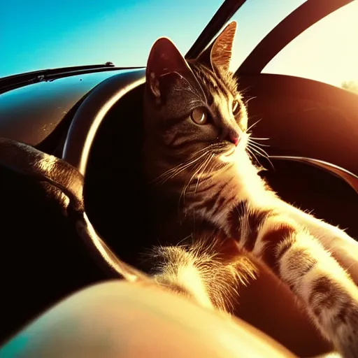 Image similar to cat behind the steering wheel of a cabriolet, seen from above, golden hour, front top side view, golden ratio, idyllic setting