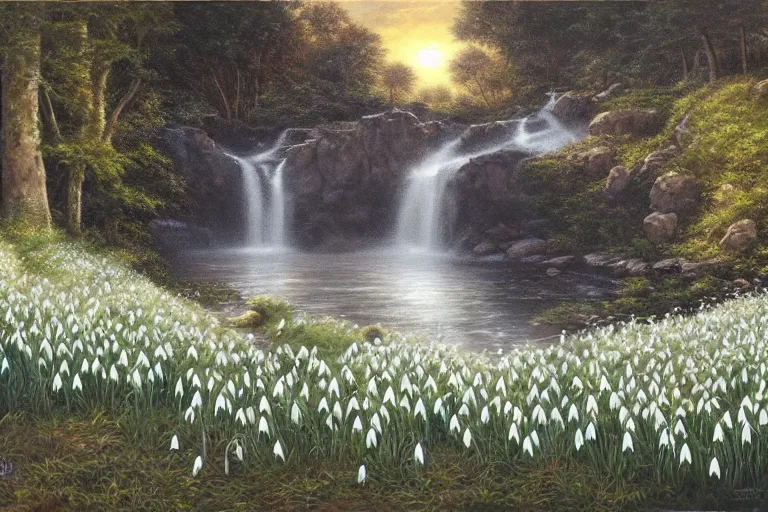 Image similar to a black and white cat sleeping next to a waterfall, surrounded by common snowdrops, golden hour, painting Mark Keathley