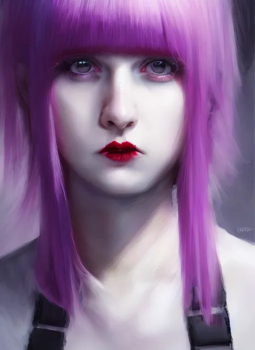 Image similar to portrait of white teenage girl, normal face, white bangs, mall goth, cyberlox, black and white hair, bangs, fluffy bangs, red contact lenses, purple lipstick, intricate, elegant, highly detailed, digital painting, artstation, concept art, sharp focus, smooth, illustration, art by wlop, mars ravelo and greg rutkowski