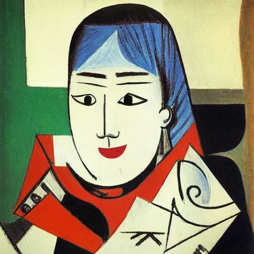 Prompt: a woman from japan in a scarf with a latte, pablo picasso painting