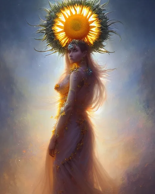 Image similar to Full View Portrait Mystical ethereal sunflower deity wearing beautiful dress, sunflower Dryad beautiful dress, 4k digital masterpiece by Greg Rutkowski and Ruan Jia and rossdraws, Alberto Seveso, fantasycore, Hyperdetailed, realistic oil on linen, soft lighting, Iconography background, featured on Artstation