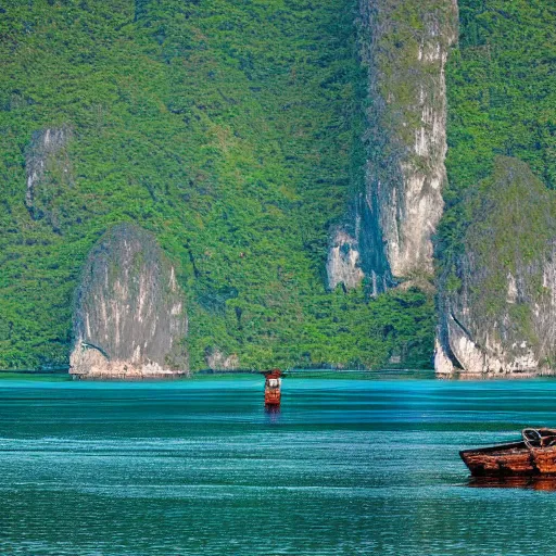 Prompt: 8k photograph of the Loch Ness monster in halong bay, Vietnam. National Geographic.