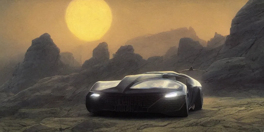 Image similar to sport car 2 0 2 2, volumetric light from nearby sources, style by caspar david friedrich and wayne barlowe and ted nasmith.