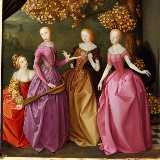 Prompt: group of skinny female artist wearing renaissance dresses, pink and gold flowers in the style of translucent glassy painting, renaissance painting, rococo, manga