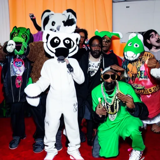 Image similar to snoop dogg taking a photo with fursuiters at a furry convention, 4 k photography