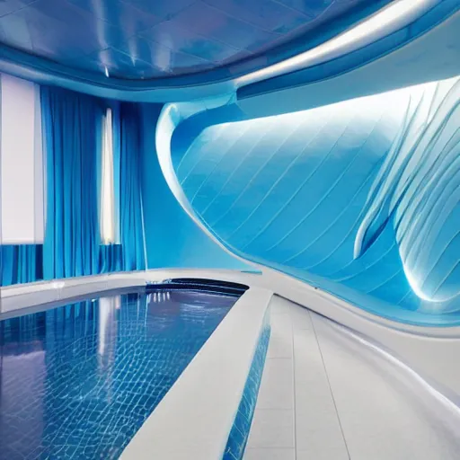 Prompt: curved futuristic room interior with spongious blue walls, with a swimming pool on the floor