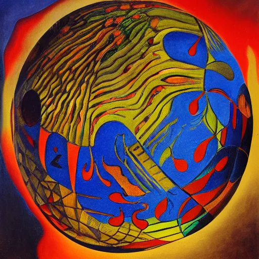 Image similar to a highly detailed painting of the world globe in flames, inspired by dali, matisse, klee, bosch, david hockney, trending on artstation, 4 k