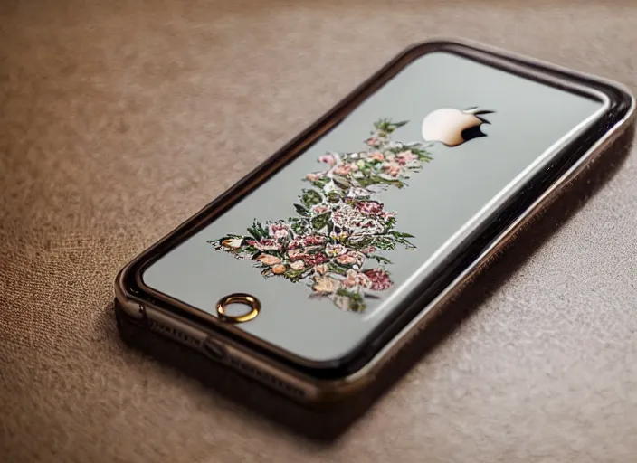 Image similar to photo still of an iphone with decoration from the year 1 9 0 1, in a room from 1 9 0 1, 8 k, studio lighting bright ambient lighting key light, 8 5 mm f 1. 8