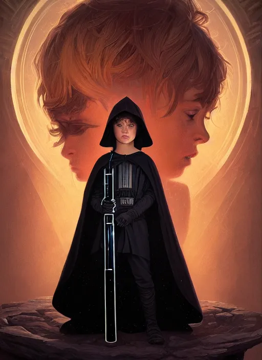 Image similar to perfectly - centered - portrait of a kid wearing black cloak holding light saber, intricate, highly detailed, digital painting, artstation, concept art, smooth, sharp focus, illustration, unreal engine 5, 8 k, art by artgerm and greg rutkowski and alphonse mucha