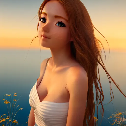 Image similar to Render of a very beautiful 3d anime girl, long hair, hazel eyes, cute freckles, full round face, short smile, cute sundress, golden hour, serene lake setting, medium shot, mid-shot, highly detailed, trending on Artstation, Unreal Engine 4k