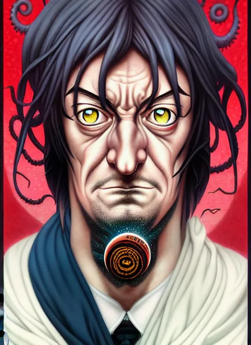 Prompt: lovecraftian portrait of grumpy stephen fry, anime style, by tristan eaton stanley artgerm and tom bagshaw