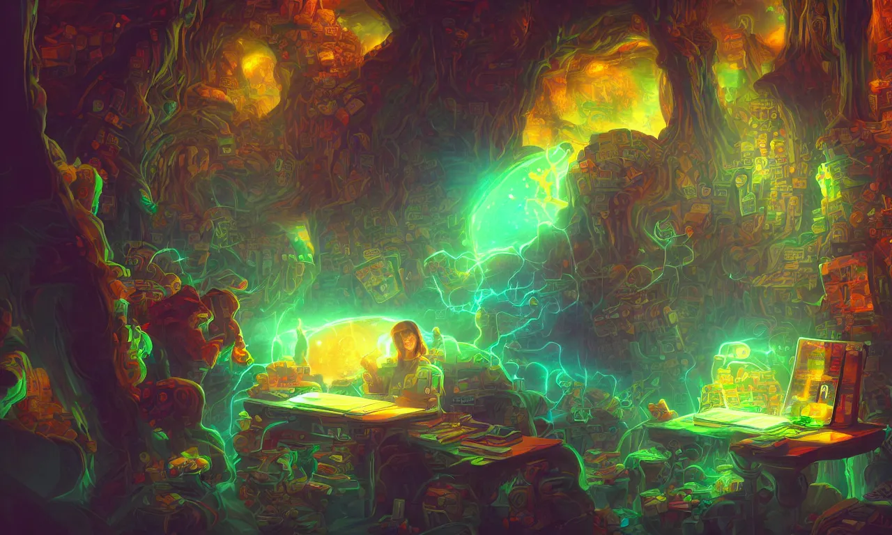 Image similar to workstations, kerberos realm, faked ticket close up, wizard reading a directory, colorful ravine, 3 d art, digital illustration, perfect lighting