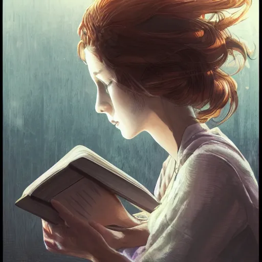 Image similar to a girl reading a book, hair flowing down, color page, 4 k, tone mapping, akihiko yoshida, james jean, andrei riabovitchev, marc _ simonetti, yoshitaka amano, digital illustration