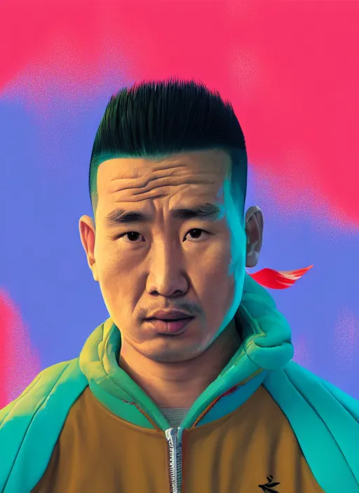 Prompt: retrofuturistic portrait of a uyghur prisoner in a tracksuit that's dirty and ripped, close up, rainbow background, wlop, dan mumford, artgerm, liam brazier, peter mohrbacher, jia zhangke, 8 k, raw, featured in artstation, octane render, cinematic, elegant, intricate, 8 k