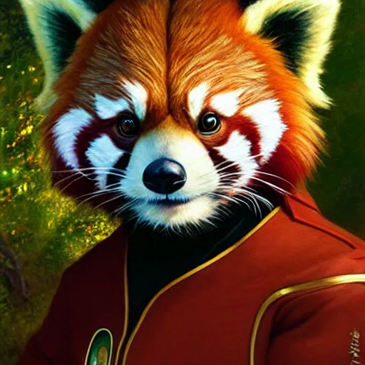 Image similar to a portrait of a male red panda in starfleet uniform at night in a dark forest. zootopia fursona furaffinity furry art detailed face painting by gaston bussiere craig mullins jc leyendecker gustav klimt artgerm greg rutkowski furry