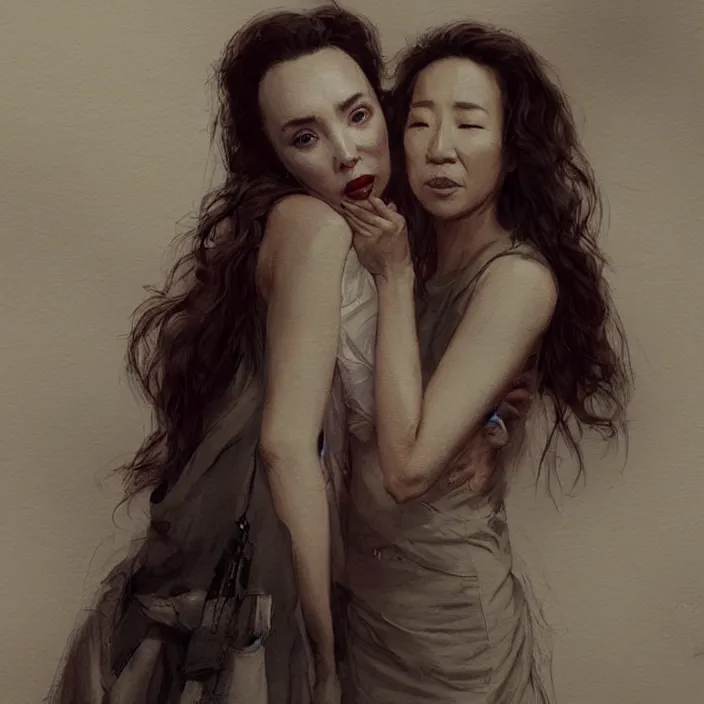 Image similar to jodie comer and sandra oh kiss by greg rutkowski