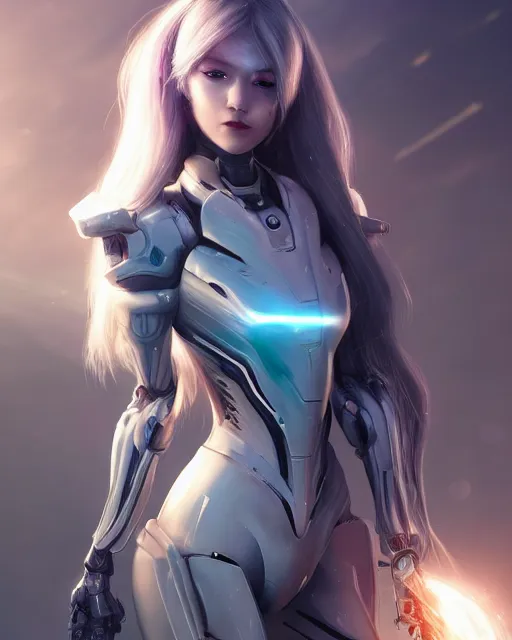 Image similar to perfect android girl on a mothership, warframe armor, beautiful face, scifi, futuristic, galaxy, nebula, raytracing, dreamy, long white hair, blue cyborg eyes, sharp focus, cinematic lighting, highly detailed, artstation, divine, by gauthier leblanc, kazuya takahashi, huifeng huang