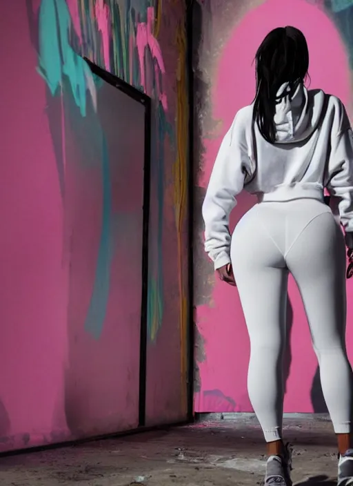 Image similar to kim kardashian doing graffiti mural in a derelict room, dust mist, rear-shot, pov from behind, very tight white leggings with a pink hoody with hood up, mold, intricate, epic lighting, cinematic composition, hyper realistic, 8k resolution, unreal engine 5