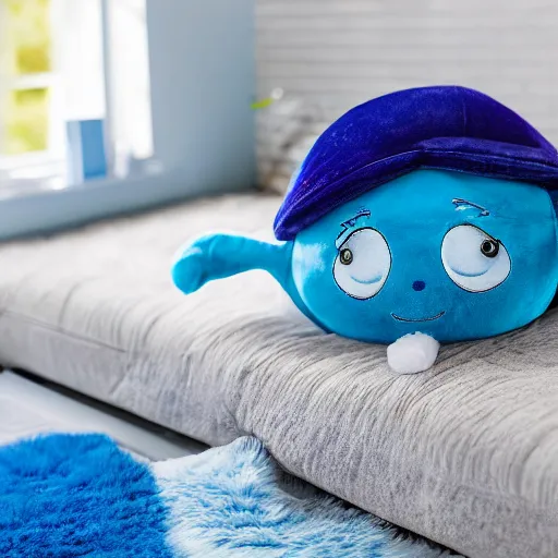 Prompt: blue'snappy gifts'plush doll, on water matress, gifts, bright atmosphere, high detail, soft lighting, 8 k