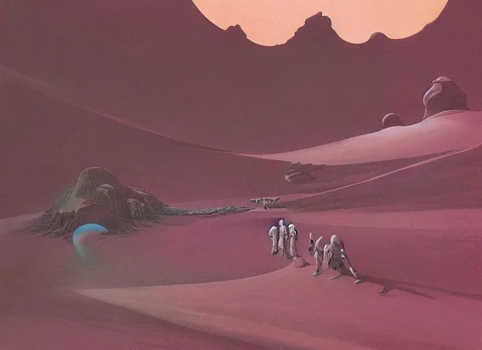 Prompt: ( ( ( ( ( dune 2 0 2 1 matte painting, sci - fi illustration, sci - fi environment, planets, desert scene, painting, highly detailed, psychedelic ) ) ) ) ) by ralph mcquarrie and moebius!!!!!!!