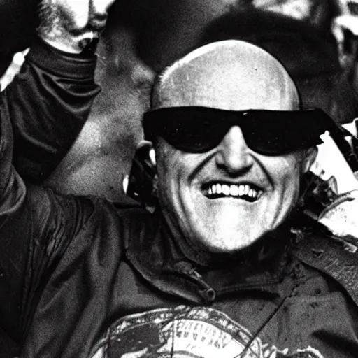 Image similar to a closeup a very drunk evil Rudy Giuliani squatting smiling wearing black thog underwaer while covering himself with rubble sensully on top of the world trade center rubble pile in new york