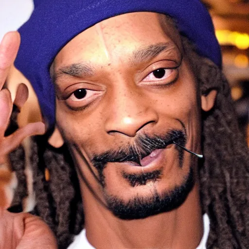 Image similar to Snoop Dog with big eyes eye color red , smiling and holding a joint in his hand