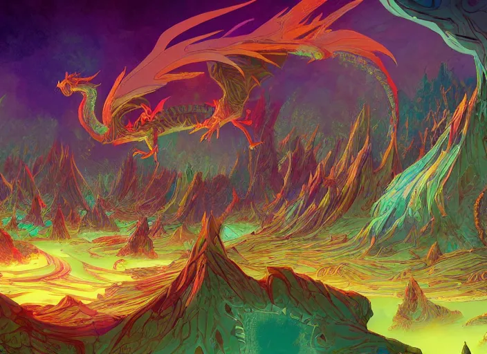 Prompt: psychedelic concept art of a dragon landscape made of thousands of spiraling dragons, cel shaded, in the style of makoto shinkai and moebius and peter mohrbacher and anton fadeev