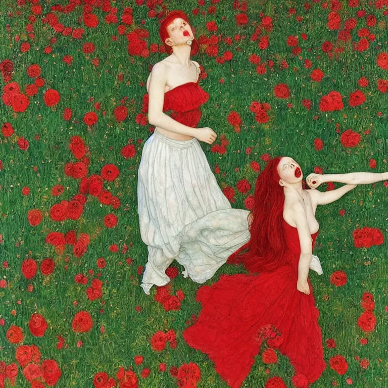 Prompt: a red headed girl with a side shave dancing by the riverside in a garden full of huge flowers by dino valls and egon schiele, fashion editorial