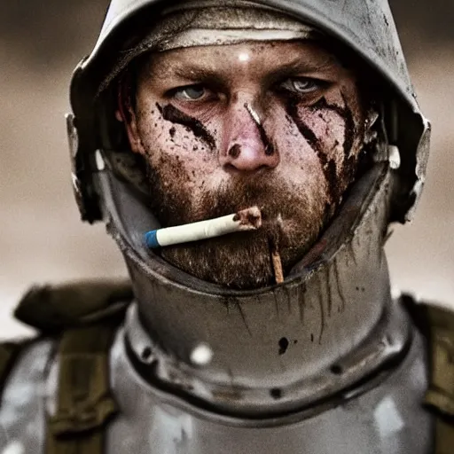 Image similar to Weeping modern mercenary wearing grey body armor smoking a cigarette in the aftermath of a bloody battle, photo by Adam Ferguson in 2022, Pulitzer Winning, cinematic composition, breathtaking, modern, 2022